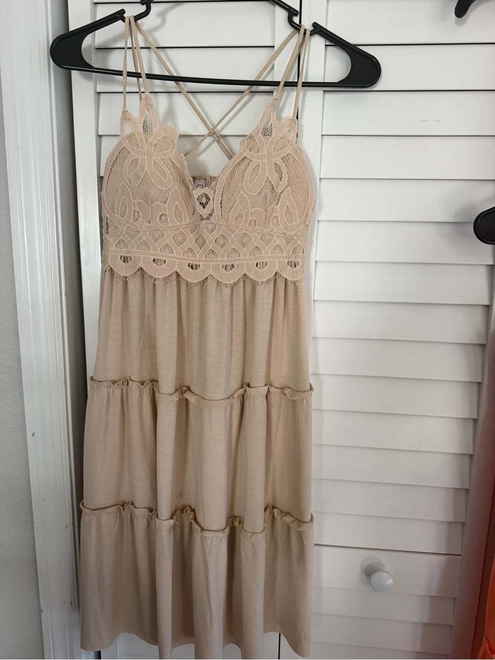 Beige Lace-Tiered Midi Sundress with Strappy Back
